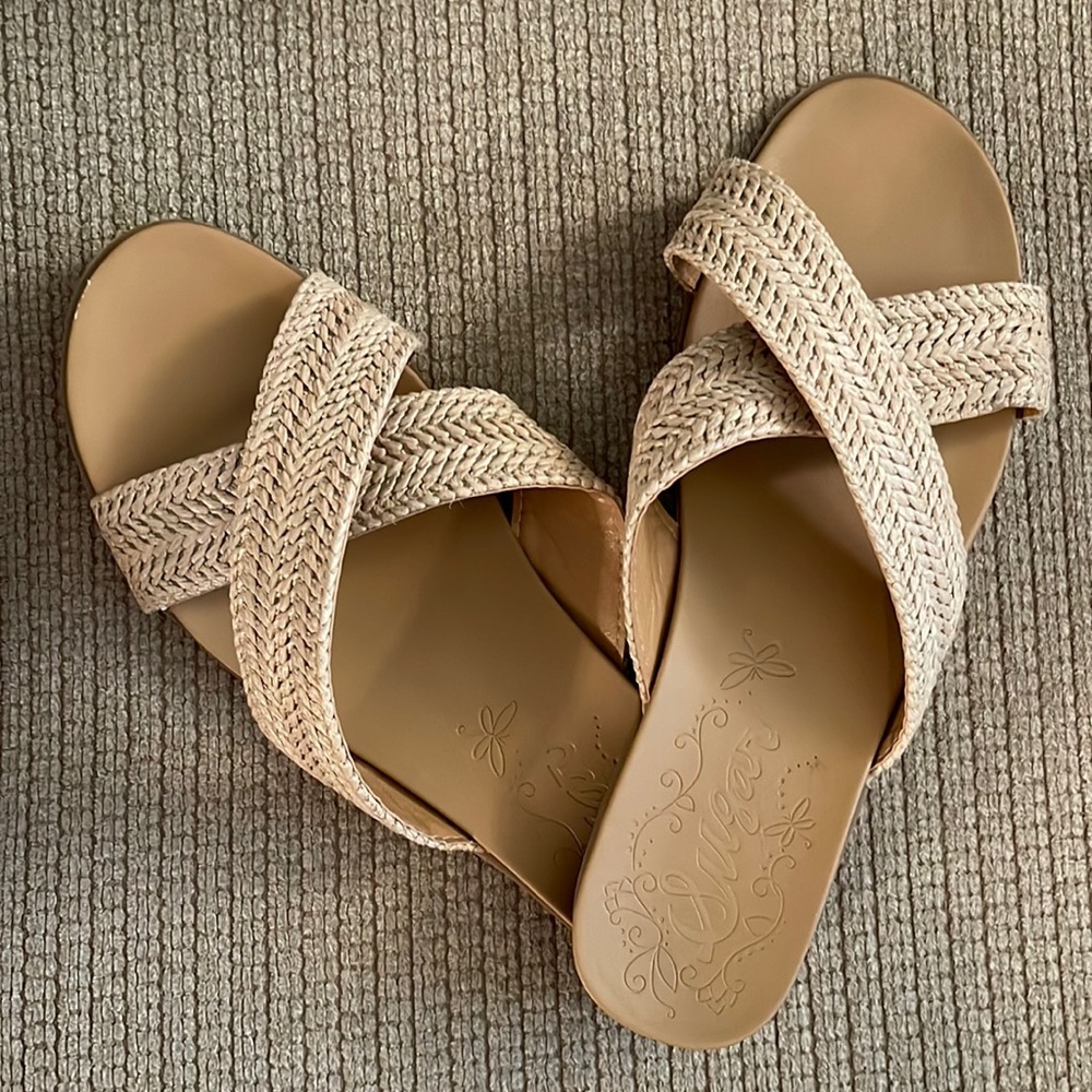 Sugar raffia cross strap sandals, 8.5